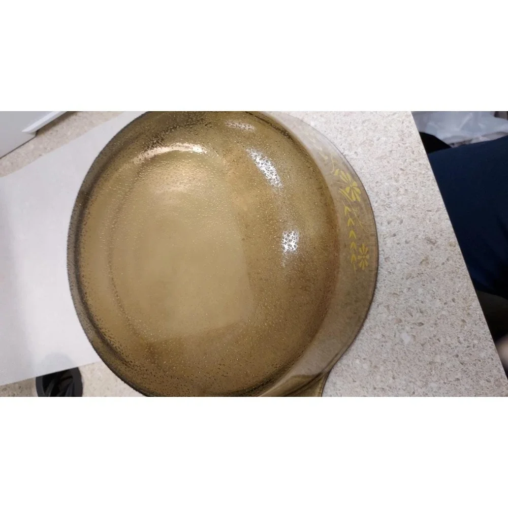 Glasbake Round Amber Casserole Dish 1.5 QT Groovy Yellow Floral Daisy Vintage